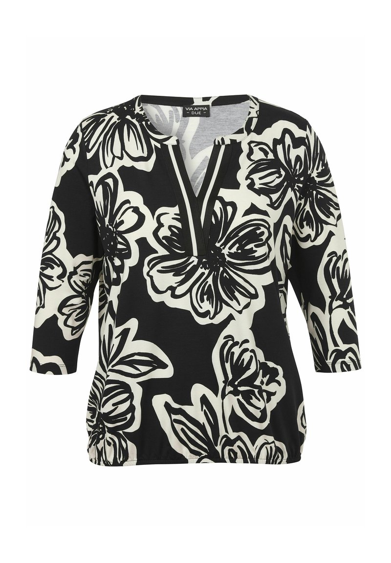Schwarz-weiße Bluse mit Blumenmuster, V-Ausschnitt, 3/4-Ärmeln und gerafftem Bund. Glattes Material mit kräftigen Blumenmustern.