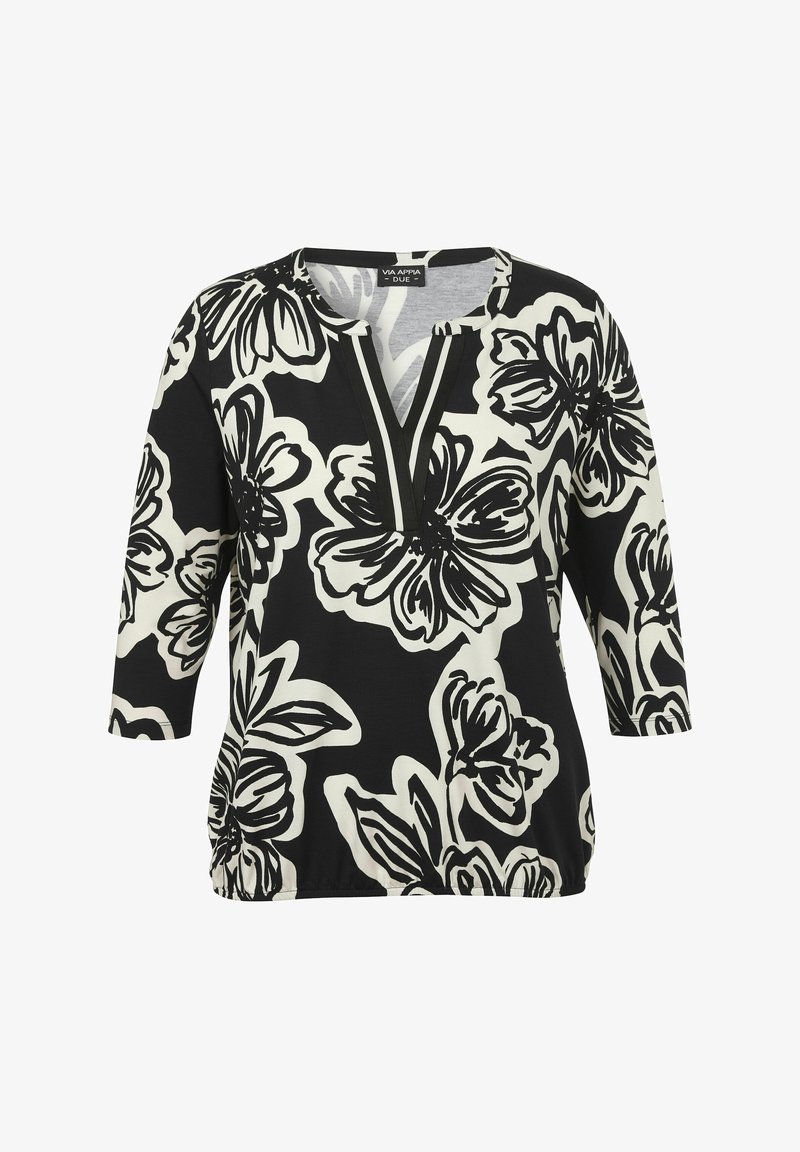 Schwarz-weiße Bluse mit Blumenmuster, V-Ausschnitt, 3/4-Ärmeln und gerafftem Bund. Glattes Material mit kräftigen Blumenmustern.