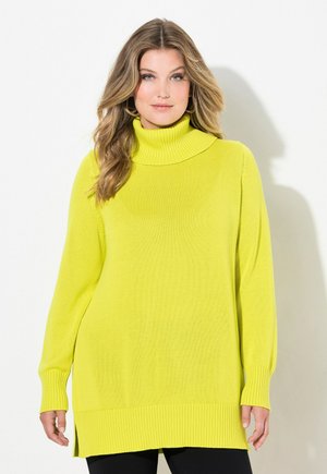 Helles gelbes Rollkragensweatshirt mit geripptem Saum und Bündchen, das eine lockere Passform und seitliche Schlitze für Bewegungsfreiheit bietet.