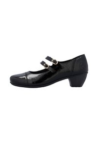 Scarpa Mary Jane in vernice nera con tacco basso e spesso e due cinturini con fibbie dorate ai lati.