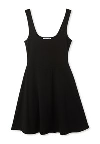 Vestito nero senza maniche con scollatura a girocollo, corpino aderente e gonna a campana. Realizzato in tessuto morbido con una texture liscia.