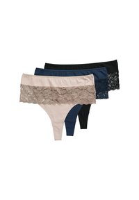Tre paia di perizomi donna in beige, blu navy e nero. Ognuno presenta un bordo in pizzo in vita e un corpo in tessuto liscio.