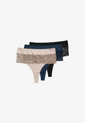 Tre paia di perizomi donna in beige, blu navy e nero. Ognuno presenta un bordo in pizzo in vita e un corpo in tessuto liscio.