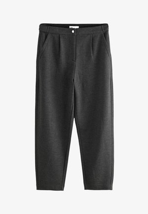 Tumed hallid püksid pehmest, tekstuuriga materjalist, lõdva istuvusega, esikottide ja nööbiga kinnitamisega vööl.