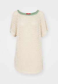 Pull en crochet crème avec un col rond et des manches courtes. Le col est d'une teinte vert clair contrastante. Présente une coupe décontractée.