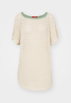 Krém színű horgolt pulóver kerek nyakkivágással és rövid ujjakkal. A gallér kontrasztos világoszöld színű. Lazább szabása van.