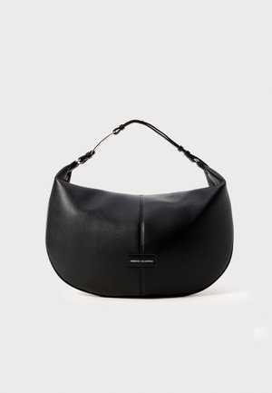 Black leather handbag with a rounded shape, featuring a glossy strap and a subtle logo plaque. Smooth texture and minimal design.