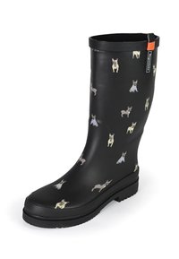 Black waterproof rubber boot featuring French bulldog patterns in various colors, textured sole for grip, and a textured top edge.