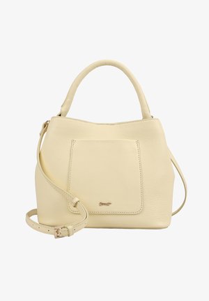 Sac à main en cuir beige avec poignée supérieure et bandoulière réglable, doté d'une poche avant avec un petit emblème métallique logo.