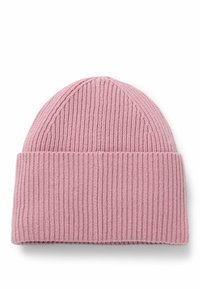 Berretto a coste rosa con risvolto, caratterizzato da un motivo testurizzato e una parte superiore arrotondata, realizzato in un materiale morbido e elastico.