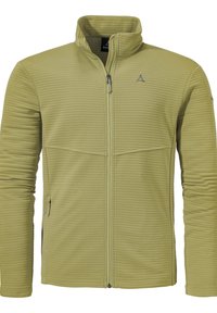 Olivgrüne Zip-Jacke mit vertikal geripptem Textur, hohem Kragen und Seitentaschen. Mit kleinem Logo auf der Brust.