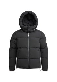 Giubbotto imbottito nero con colletto alto, cappuccio con cordini, due tasche frontali con zip e dettagli con logo sulla zip.