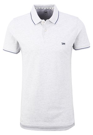 Light gray polo shirt with a soft texture, featuring a two-button placket, navy accents on the collar and sleeves, and a small logo.