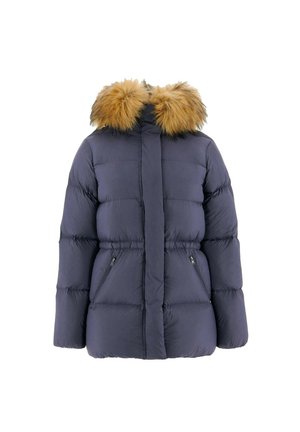 Giacca a vento blu navy con colletto in pelliccia artificiale, tasche con zip e vita stretta. Realizzata in materiale imbottito e isolante per il calore.