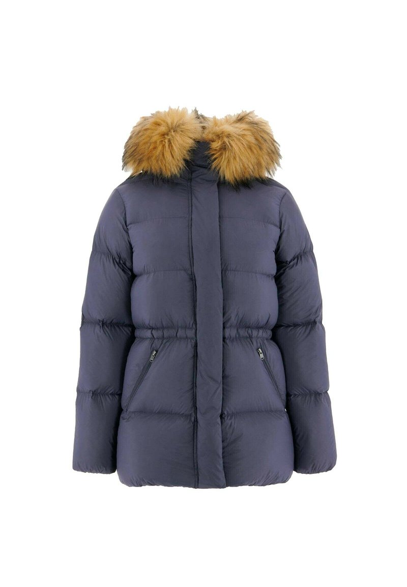Marineblauwe pufferjack met een nepbontkraag, ritszakken en een getailleerde taille. Gemaakt van gewatteerd, geïsoleerd materiaal voor warmte.