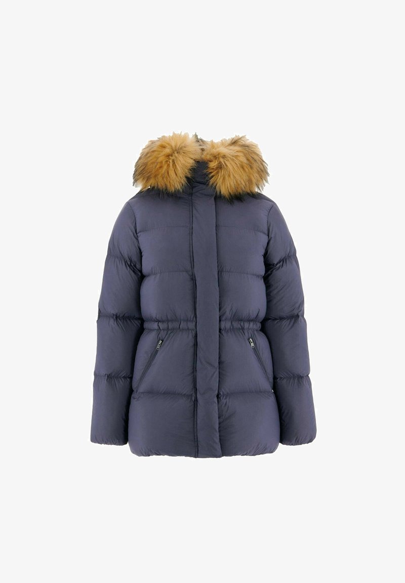 Marineblauwe pufferjack met een nepbontkraag, ritszakken en een getailleerde taille. Gemaakt van gewatteerd, geïsoleerd materiaal voor warmte.