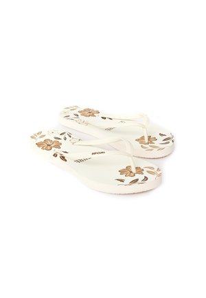 White flip-flops with gold floral pattern. Textured footbed and thin, flexible straps. Slightly raised sole with rounded edges. Brand logo visible.