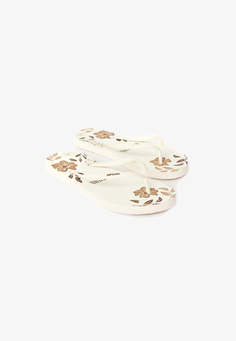 Weiße Flip-Flops mit goldfarbenem Blumenmuster. Strukturiertes Fußbett und dünne, flexible Riemen. Leicht erhobene Sohle mit abgerundeten Kanten. Markenlogo sichtbar.