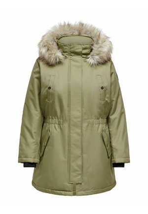 Žalias parkas su pamušalu, su pūkų apvadu ant gobtuvo, priekyje užtrauktukas, du kišenės su atvartais ir elastinga juosmens dalis patogiam pritaikymui.
