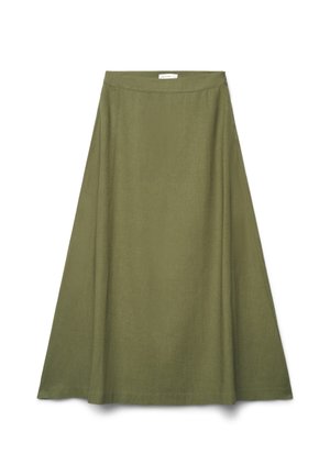 Olivgrüner A-Linien-Rock mit hoher Taille und schlichtem, nahtlosem Design, flach auf einem weißen Hintergrund liegend dargestellt.