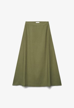 Olivgrüner A-Linien-Rock mit hoher Taille und schlichtem, nahtlosem Design, flach auf einem weißen Hintergrund liegend dargestellt.