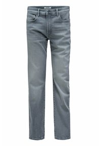 Jeans de mezclilla gris con corte recto, cinco bolsillos y una textura suave. Presenta un sutil desgaste y detalles de costura en las costuras.