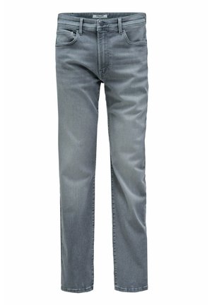 Jeans de mezclilla gris con corte recto, cinco bolsillos y una textura suave. Presenta un sutil desgaste y detalles de costura en las costuras.