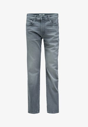 Jeans en denim gris avec une coupe droite, cinq poches et une texture lisse. Présente un léger délavage et des détails de couture sur les coutures.