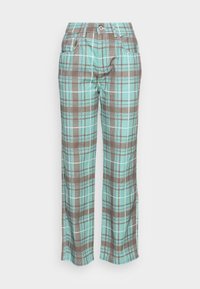 Calças xadrez em tons de teal claro e castanho; apresentam um design de perna reta, dois bolsos frontais e um fecho de botão na cintura.