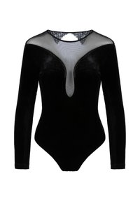 Schwarzer Samt-Bodysuit mit langen Ärmeln und einem transparenten Mesh-Ausschnitt, der ein tiefes V-Design zeigt. Glatte Textur, elegante Silhouette.