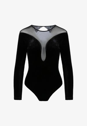 Body en velours noir avec des manches longues et un col en mesh transparent présentant un décolleté en V plongeant. Texture lisse, silhouette élégante.