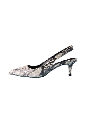 Slingback high-heeled shoe with a pointed toe, made of textured snake-print material in gray, black, and cream tones with a slim heel.