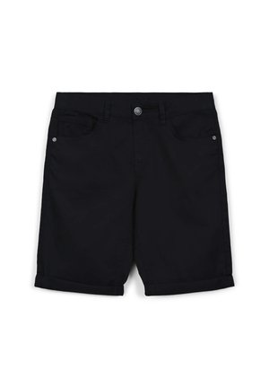 Pantaloni corti neri in misto cotone, con chiusura a bottone, risvolti e due tasche anteriori con dettagli di cucitura sottili.