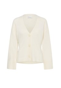 Ivory cardigan with a v-neck, long sleeves, and four button closures. Made from soft fabric with ribbed trim at cuffs and hem.