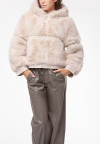 Giacca corta in pelliccia sintetica di un beige chiaro con cappuccio, tessuto spesso, chiusura con zip e tasche a toppa. Abbinata a pantaloni lucidi marrone scuro.