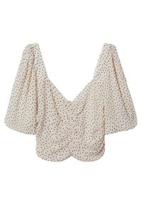 Lysbeige bluse med puffede ærmer, med en dyb V-udskæring, rynk ved fronten og små sorte prikker hele vejen igennem. Glat tekstur.