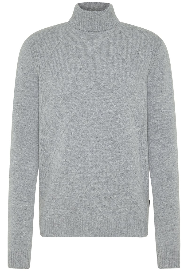 Grauer, gestrickter Pullover mit hohem Kragen, der ein Rautenmuster und Rippdetails an den Bündchen und am Saum aufweist. Glattes, strukturiertes Material.