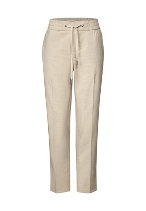 Beige pull-on pants with an elastic waistband, drawstring, and tapered legs. Made from lightweight, textured fabric with a smooth finish.