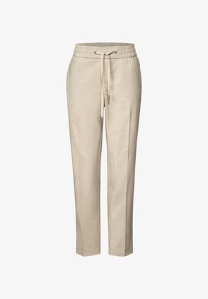 Beżowe spodnie na szerokiej gumie z paskiem ściągającym i zwężanymi nogawkami. Wykonane z lekkiego, teksturowanego materiału o gładkim wykończeniu.