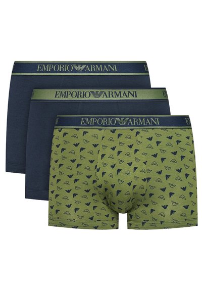 Three pairs of boxer briefs: one dark navy, one solid olive green, and one olive green with a repeating blue logo pattern. Elastic waistband.