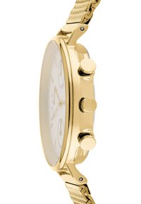 Orologio cronografo color oro con cassa rotonda liscia, quadrante bianco, tre pulsanti e cinturino in maglia collegata. Indicatori dell'ora chiari e minima texture.