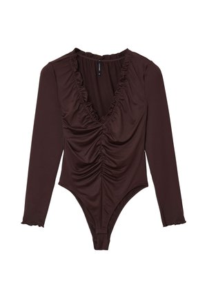 Body in maglione marrone a maniche lunghe con scollo a V profondo, dettagli arricciati sul seno e in vita, e polsini a costine con volants. Tessuto liscio e elastico.