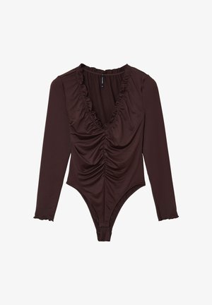 Body in maglione marrone a maniche lunghe con scollo a V profondo, dettagli arricciati sul seno e in vita, e polsini a costine con volants. Tessuto liscio e elastico.