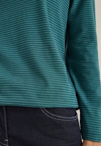 Maglia a maniche lunghe di colore teal con righe orizzontali; realizzata in tessuto morbido. Indossata con jeans navy con cuciture bianche sulla tasca.