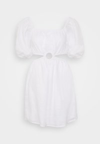 Valkoinen pellavamekko puffihihoilla, neliönmuotoisella kaula-aukolla ja vyötäröllä olevalla aukolla, jossa on pyöreä yksityiskohta. Sileä pinta, polvimittainen.