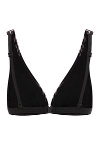 Zwarte driehoekige bh met verstelbare schouderbanden en kanten rand langs de randen, sluiting aan de voorkant, op een witte achtergrond.