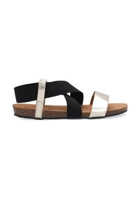 Zwarte en metallic zilveren sandalen met kruisbanden en een kurken voetbed. Inclusief een zilveren gesp detail en een gestructureerde rubberen zool.