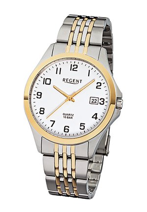 Montre-bracelet en argent et or avec cadran blanc, repères numériques noirs, affichage de la date, et trois aiguilles dorées indiquant 1:10:37.