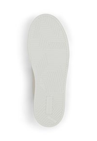 Λευκή σόλα παπουτσιού από καουτσούκ με υφή γεωμετρικού μοτίβου, ελαφρώς ανυψωμένη φτέρνα και ορθογώνιο λογότυπο με το μέγεθος 42.