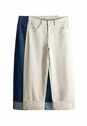 Two pairs of straight-cut jeans: one blue denim, one cream cotton. Both feature standard pockets and cuffs, displayed overlapping.